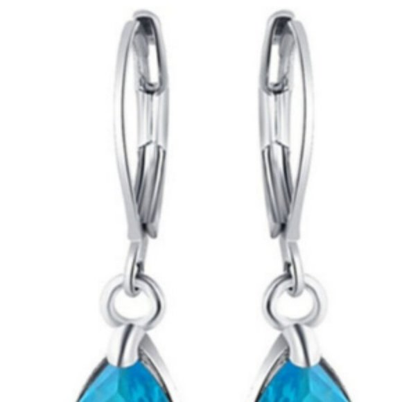 Silver Plated Sea Blue Cubic Zircon Crystal Hoop Earrings - Picture 2 of 3